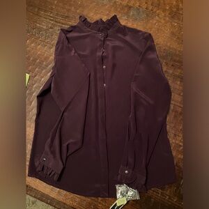 Antonio Melani NWT 100% silk button front; ruffle accent blouse; Medium
